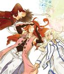  1girl 2boys bare_shoulders belt blonde_hair blue_eyes breasts brown_hair capelet coat collet_brunel dress elbow_gloves eyes_closed gloves headband jewelry lloyd_irving long_hair multiple_boys open_mouth pants red_hair short_hair tales_of_(series) tales_of_symphonia zelos_wilder 