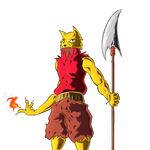  2010 alpha_channel anthro bulge cat clothing feline fire fur hulalaoo hulalaoo_(character) looking_at_viewer male mammal melee_weapon muscular muscular_male polearm red_shirt shirt shorts spear torn_clothing torn_shirt weapon yellow_fur 