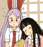  animal_ears bangs black_hair blunt_bangs blush blush_stickers bunny_ears chii-kun_(seedyoulater) closed_eyes collared_shirt flying_sweatdrops houraisan_kaguya leaning_on_person long_hair long_sleeves multiple_girls neck_ribbon necktie nervous nose_blush open_mouth pillow purple_hair red_eyes reisen_udongein_inaba ribbon shirt short_sleeves sleeping swept_bangs touhou white_shirt 