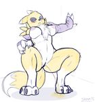  2015 3_toes 4_fingers anthro black_sclera blush breasts crouching digimon female fur nude peeing pussy renamon simple_background skoon solo toes urine watersports 