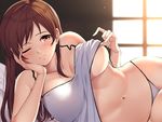  ;) anza_tomo arm_support backlighting bare_shoulders blush breasts brown_eyes brown_hair camisole camisole_lift cleavage closed_mouth commentary_request dust head_rest idolmaster idolmaster_cinderella_girls indoors large_breasts lifted_by_self long_hair looking_at_viewer lying navel nitta_minami on_side one_eye_closed panties shirt_lift sleeveless smile solo spaghetti_strap stomach tareme underboob underwear underwear_only white_panties window 