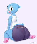  anthro blue_fur butt cartoon_network cat clothed clothing digital_media_(artwork) feline female fur legwear looking_at_viewer mammal musikalgenius nicole_watterson open_mouth pose short_tail shorts simple_background slightly_chubby smile socks solo the_amazing_world_of_gumball 