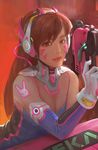  adapted_costume against_mecha animal_print backlighting bangs bare_shoulders bodysuit bracer breasts brown_eyes brown_hair bunny_print character_name cleavage clothes_writing d.va_(overwatch) detached_sleeves elbow_gloves facepaint facial_mark finger_on_trigger gloves gun hand_up handgun headphones highres holding holding_gun holding_weapon hose leaning_forward leaning_on_object lipstick long_hair looking_at_viewer makeup mecha meka_(overwatch) mu_ye_jun nose overwatch parted_lips pilot_suit pink_lips pink_lipstick pistol purple_gloves realistic revision ribbed_bodysuit shoulder_pads skin_tight sleeveless small_breasts smile solo sticker strap swept_bangs turtleneck upper_body weapon whisker_markings white_gloves 