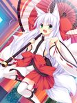  animal_ear_fluff animal_ears detached_sleeves fox_ears fox_tail green_eyes japanese_clothes long_hair looking_at_viewer miko multiple_tails oriental_umbrella original roshin solo tail thighhighs umbrella white_hair 