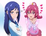  acchi_(koiyimknp) aida_mana blue_bow blue_eyes blue_hair blush bow crossed_arms dokidoki!_precure frilled_skirt frills hair_bow hands_clasped heart high_ponytail highres hishikawa_rikka long_hair looking_at_another looking_away multiple_girls open_mouth own_hands_together pink_eyes precure short_hair skirt smile sweatdrop yuri 