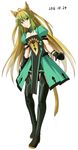  2016 ahoge animal_ears atalanta_(fate) black_footwear black_legwear blonde_hair boots breasts cat_ears cat_tail cleavage dated fate/apocrypha fate_(series) full_body gloves green_eyes green_hair long_hair medium_breasts multicolored_hair pelvic_curtain shiseki_hirame solo tail thigh_boots thighhighs very_long_hair white_background 