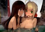  ? ahoge asymmetrical_docking bangs bathing blonde_hair body_blush breast_press breasts brown_eyes brown_hair cleavage closed_mouth collarbone commentary_request eyebrows_visible_through_hair fate/extella fate/extra fate_(series) green_eyes hair_intakes hair_ribbon implied_fingering kishinami_hakuno_(female) large_breasts long_hair looking_at_another looking_down medium_breasts multiple_girls nero_claudius_(fate) nero_claudius_(fate)_(all) nude onsen open_mouth partially_submerged red_ribbon ribbon rock shiny shiny_skin short_hair sidelocks smile steam tareme walzrj wet yuri 