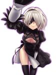  black_dress black_gloves black_legwear blindfold breasts cleavage cleavage_cutout cowboy_shot dress gloves hairband highres leaning_forward leotard leotard_peek medium_breasts mole mole_under_mouth nier_(series) nier_automata puffy_short_sleeves puffy_sleeves short_hair short_sleeves silver_hair smile solo thighhighs wanao white_leotard yorha_no._2_type_b 