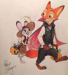  2016 anthro barefoot buckteeth candy canine cape clothed clothing costume disney ear_piercing eye_contact female food fox fruit green_eyes halloween hat holding_object holidays jack_o&#039;_lantern judy_hopps lagomorph male mammal missashleyng nick_wilde open_mouth open_smile piercing pumpkin purple_eyes rabbit signature simple_background smile teeth traditional_media_(artwork) white_background zootopia 