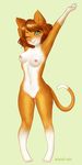  2017 4_toes anthro areola armpits barefoot biped blush breasts brown_fur brown_hair brown_tail cat digital_media_(artwork) digitigrade dipstick_tail eyebrows feline female front_view full-length_portrait fur green_background green_eyes hair looking_at_viewer mammal multicolored_fur multicolored_tail navel nipples nude one_eye_closed pink_nipples pink_nose portrait pussy raised_arm simple_background smile solo stretching tailwind&#039;s_tails toes two_tone_fur two_tone_tail white_fur white_tail wink 