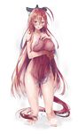  blush breasts covering highres hiroshima_castle large_breasts long_hair nude_cover official_art red_eyes red_hair shirohime_quest solo tail towel transparent_background very_long_hair wading water wet 