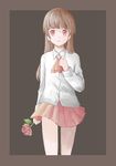  ascot bangs blunt_bangs border brown_background brown_hair clenched_hand collared_shirt featherwings24 flower holding holding_flower ib ib_(ib) long_hair long_sleeves looking_at_viewer outside_border parted_lips pleated_skirt red_eyes red_flower red_rose red_skirt rose shirt simple_background skirt solo white_shirt wing_collar 