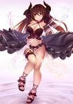  alternate_costume armpits arms_behind_back ass_visible_through_thighs bare_shoulders breasts brown_hair collarbone crop_top draph elbow_gloves embarrassed forte_(shingeki_no_bahamut) full_body gloves granblue_fantasy groin hair_between_eyes halterneck highres horns large_breasts lips long_hair looking_at_viewer midriff navel pak_ce panties pointy_ears red_eyes sandals shingeki_no_bahamut skirt skirt_set solo standing standing_on_one_leg thigh_strap thighs toes underwear wavy_mouth white_panties 
