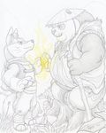  anthro bear canine conical_hat corac_fox digitigrade dudebulge duo eye_contact fox li_shan male mammal overweight overweight_male panda pencil_(artwork) signature sitting size_difference staff standing traditional_media_(artwork) whiskers 