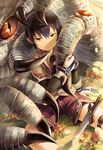  arm_support artist_name claws dragon fantasy flower gloves grass highres jewelry looking_at_viewer male_focus noeyebrow_(mauve) original outdoors ring shorts sitting solo_focus sword weapon western_dragon 