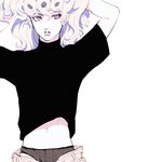  1boy androgynous arms_up blonde_hair giorno_giovanna jojo_no_kimyou_na_bouken looking_to_the_side male_focus navel parted_lips pink_eyes simple_background solo turtleneck underwear white_background zakki 