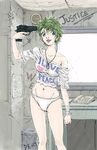  :p bandaged_arm bandages bangs blue_eyes clothes_writing collarbone commentary_request earrings english green_hair groin gun gun_to_head heart holding holding_gun holding_weapon indoors jewelry ken-chan_(ookenken) looking_at_viewer midriff navel necklace no_pants nose_piercing off_shoulder original pale_skin panties pendant phone piercing print_shirt ring shirt short_hair short_sleeves solo standing tongue tongue_out tongue_piercing underwear very_short_hair weapon weapon_request white_panties white_shirt 