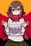  2017 aqua_eyes artist_name bangs blush brown_hair commentary_request eyebrows_visible_through_hair green_skirt hair_between_eyes heart holding long_sleeves minamiya_mia original pennant pleated_skirt red_scarf scarf signature skirt smile solo star sweater upper_body 