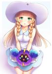  :o bangs bare_arms bare_shoulders blunt_bangs blush braid breasts collarbone cosmog covering covering_crotch cowboy_shot dress gen_7_pokemon green_eyes hat highres lillie_(pokemon) long_hair looking_at_viewer medium_breasts open_mouth pokemon pokemon_(creature) pokemon_(game) pokemon_sm simple_background skirt sleeveless sleeveless_dress snowcanvas sun_hat twin_braids white_background white_dress white_hat 
