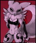  2017 anthro black_sclera breasts canine chest_tuft clothed clothing digimon female fox fur looking_at_viewer mammal renamon simple_background smile solo sruto tuft 