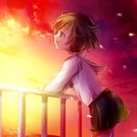  against_railing akiyama_yukari brown_hair cloud evening girls_und_panzer leaning_on_object miniskirt outdoors railing school_uniform serafuku short_hair skirt sky smile solo sunset wakanu wind 