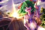  animal_ears broom dog_ears dress fang green_eyes green_hair happy kasodani_kyouko matsufox myouren_temple open_mouth pink_dress solo sunrise tail touhou 