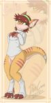  bottomless brown_hair clothed clothing doncoon_(artist) ear_piercing female green_eyes green_headband hair headband lacertian_(species) leg_warmers legwear lizard piercing pose reptile scalie shirt socks solis_(character) stripes sweater sweatshirt 