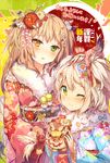  2girls ;3 animal arrow bad_id bad_pixiv_id bird blonde_hair blue_kimono blush breasts camomi chick chicken chinese_zodiac commentary_request duck floral_print flower fur_collar green_eyes hair_ornament hairclip heterochromia holding holding_animal japanese_clothes kanzashi kimono kotoyoro large_breasts long_hair looking_at_viewer multiple_girls nengajou new_year obi one_eye_closed original parted_lips petting pink_kimono red_flower sash silver_hair two_side_up year_of_the_rooster yellow_eyes yellow_flower 