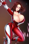 absurdres areola_slip areolae bodysuit breasts brown_hair cleavage cloudxmoe hand_on_hip high_heels highres huge_breasts lipstick long_hair looking_at_viewer makeup original red_eyes smile solo thighs unzipped 