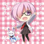  arm_up bangs black-framed_eyewear black_dress black_legwear blush checkered checkered_background chibi collared_shirt commentary_request dress eyebrows_visible_through_hair fate/grand_order fate_(series) floral_background fou_(fate/grand_order) glasses highres holding_leash hood hoodie lavender_hair leash mash_kyrielight necktie open_mouth pink_background pleated_dress purple_eyes red_neckwear shirt short_dress smile subaru_(794829485) tareme thighhighs waving white_shirt 