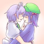  blue_dress blue_hair closed_eyes commentary dress face-to-face finger_to_another's_mouth from_side green_hat grey_hair hair_bobbles hair_ornament hat highres hug izayoi_sakuya kawashiro_nitori looking_at_another md5_mismatch multiple_girls open_mouth touhou upper_body wrist_cuffs yoruny yuri 