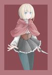  :/ black_legwear black_skirt blonde_hair blue_eyes bob_cut border capelet corset eyebrows_visible_through_hair featherwings24 holding holding_knife knife little_red_hood little_red_riding_hood_(lrh) long_sleeves looking_at_viewer outside_border pantyhose parted_lips pleated_skirt red_background shirt simple_background skirt solo thigh_gap white_shirt 