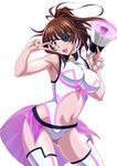  ass_visible_through_thighs brown_eyes brown_hair contrapposto cowboy_shot eyepatch high_ponytail holding ikkitousen long_hair looking_at_viewer megaphone navel navel_cutout official_art shiny shiny_skin simple_background solo standing thighhighs v white_background yagyu_mitsuyoshi 