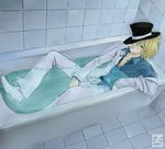  alice?_(are_you_alice?) are_you_alice? artist_request bathing bathroom bathtub blonde_hair blue_eyes blue_shirt formal hat looking_at_viewer male_focus one_eye_closed shirt sitting solo suit top_hat water wet white_suit 
