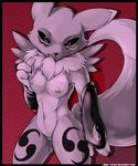  2017 anthro areola big_breasts black_sclera breasts canine chest_tuft clothing digimon female fox fur gloves looking_at_viewer mammal nipples nude pussy renamon simple_background smile solo sruto standing tuft wide_hips 