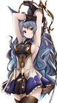  &gt;:) animal_ears armpits arms_up bangs belt black_gloves black_legwear blue_hair breasts brown_eyes closed_mouth commentary cowboy_shot dress erune ferry_(granblue_fantasy) frilled_gloves frills gloves granblue_fantasy highres long_hair loose_belt medium_breasts sideboob smile solo thighhighs tony_guisado v-shaped_eyebrows very_long_hair wavy_hair whip 