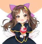  :d artist_name ayamy bangs blurry blush bow brown_eyes brown_hair capelet cone depth_of_field eyebrows_visible_through_hair feathered_wings floating_hair food frilled_bow frills fruit gloves hair_bow hair_ornament hairband heart holding holding_food ice_cream_cone idolmaster idolmaster_cinderella_girls long_hair looking_at_viewer open_mouth orange_background project_krone smile solo strawberry tachibana_arisu two-tone_background upper_body waffle_cone white_background white_gloves white_wings wings 