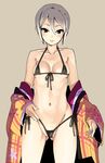  ass_visible_through_thighs bikini black_bikini black_eyes blush breasts brown_background collarbone cowboy_shot grey_hair grin hair_between_eyes hips idolmaster idolmaster_cinderella_girls iwasaki_takashi japanese_clothes kimono kimono_pull looking_at_viewer medium_breasts micro_bikini navel partially_visible_vulva shiomi_shuuko short_hair side-tie_bikini simple_background smile solo swimsuit thighs 