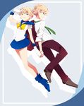  2girls androgynous bishoujo_senshi_sailor_moon blonde_hair blue_eyes crossdressing full_body hand_holding looking_at_viewer multiple_girls multiple_persona necktie ponita reverse_trap sailor_uranus school_uniform simple_background smile ten&#039;ou_haruka uniform 