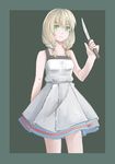  aqua_background blonde_hair border braid dress eyebrows_visible_through_hair featherwings24 green_eyes head_tilt holding holding_knife knife looking_at_viewer low_twintails majo_no_ie outside_border parted_lips short_twintails simple_background sleeveless sleeveless_dress solo twin_braids twintails viola_(majo_no_ie) white_dress 