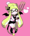  bat_wings beanie bike_shorts blush boots collar commentary_request cross-laced_footwear demon_girl demon_horns demon_tail domino_mask fork full_body hat heart horns inkling lace-up_boots lock mask nana_(raiupika) oversized_object solo splatoon_(series) splatoon_1 tail tentacle_hair weapon wings yellow_eyes 