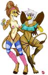 2017 anthro anthrofied avian beak breasts brown_feathers brown_hair celine_louison clothed clothing cute duo duplicitousmachine eyewear feathers female fishnet friendship_is_magic gilda_(mlp) giraffe glasses gryphon hair hi_res legwear mammal my_little_pony navel nipple_bulge nipples open_mouth pasties simple_background thong white_background 