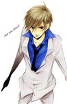  alice?_(are_you_alice?) are_you_alice? artist_request blonde_hair blue_eyes blue_shirt closed_mouth copyright_name formal looking_at_viewer male_focus necktie shirt simple_background solo suit text_focus white_background white_suit 