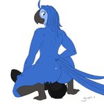  2017 anthro beak big_butt black_hair black_skin blue_eyes blue_feathers blue_hair blue_macaw blush butt claws crouching duo english_text eyes_closed facesitting feathers girokett hair hand_on_butt imp interspecies long_hair looking_back male male/male nude rio rio_2 roberto_(rio) signature simple_background smile solo_focus text toe_claws white_background 