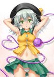  adapted_costume armpits arms_behind_head arms_up ass_visible_through_thighs bangs bare_shoulders black_hat blouse blush breasts commentary_request cowboy_shot drop_shadow eyeball eyebrows_visible_through_hair green_eyes green_skirt hat hat_ribbon heart heart_of_string highres komeiji_koishi looking_at_viewer lowleg lowleg_panties midriff miniskirt navel panties pantyshot pantyshot_(standing) ribbon roura sideboob silver_hair skirt sleeveless small_breasts solo standing stomach string_panties thigh_gap third_eye touhou underwear white_panties yellow_blouse yellow_ribbon 