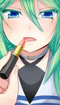  absurdres applying_makeup blue_eyes blush close-up collar colored_eyelashes commentary_request eyebrows_visible_through_hair green_hair hair_between_eyes haniyama_kurofo highres holding kantai_collection lips lipstick lipstick_tube long_hair looking_at_viewer makeup nail_polish school_uniform serafuku solo upper_body yamakaze_(kantai_collection) 