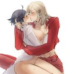  1boy 1girl ahoge androgynous ash_crimson black_nails blonde_hair blue_eyes blue_hair blush bottomless breasts elisabeth_blanctorche eye_contact hetero hug king_of_fighters kiss large_breasts looking_at_another muse_(rainforest) nail_polish open_clothes open_shirt short_hair simple_background sweat white_background 