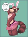  2017 4_fingers absurd_res anthro black_nose brown_eyes brown_fur bulge clothed clothing crossdressing dialogue digital_media_(artwork) english_text fake_ears fake_rabbit_ears fur guardians_of_the_galaxy hi_res male mammal marvel raccoon rocket_raccoon shok simple_background solo standing text 