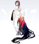  2017 bird_tail boots brown_eyes brown_hair chinese_zodiac closed_mouth from_behind full_body gradient gradient_background grey_footwear high_heels highres japanese_clothes kawaguchi_(mojacome) kimono looking_at_viewer looking_back new_year number off_shoulder original profile smile solo standing tail year_of_the_rooster 