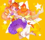  1girl :d absurdres amanogawa_kirara bare_shoulders bow brooch choker cowboy_shot cure_twinkle earrings gloves go!_princess_precure high_heels highres jewelry long_hair looking_at_viewer looking_back low-tied_long_hair magical_girl multicolored_hair open_mouth orange_hair precure purple_bow purple_eyes quad_tails shoes skirt smile solo star star_earrings streaked_hair thighhighs twintails two-tone_hair white_gloves yellow_bow yellow_skirt yupiteru zettai_ryouiki 